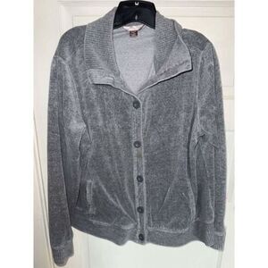 Cozy‎ Grey Velour Button-Up Cardigan Sweater Jacket Casual White Stag Size XXL